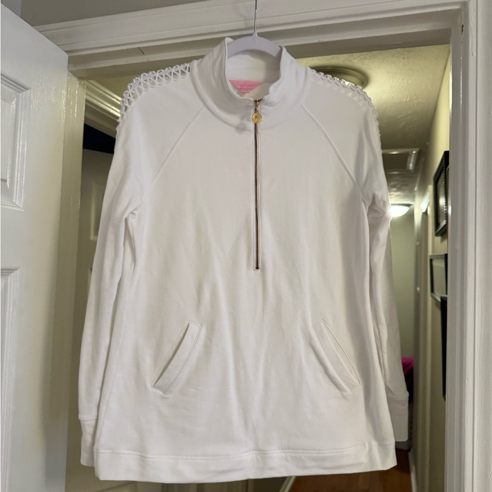 Lilly Pulitzer White Popover with Lace Accents down arms